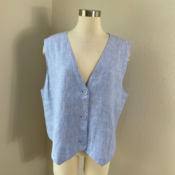 Quince Womens XL 100% European Linen Vest Blue Button Up Sleeveless Sustainable - Picture 2 of 11